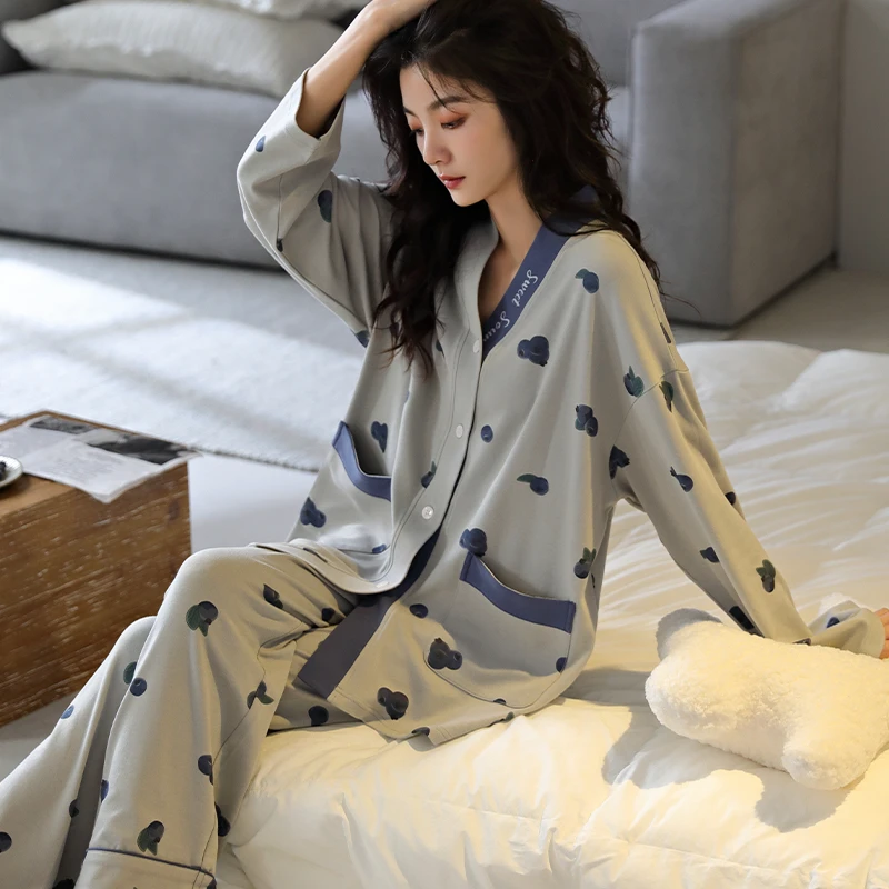 帕兰朵睡衣女春秋季纯棉长袖长裤套装秋款开衫冬天甜美宽松家居服
