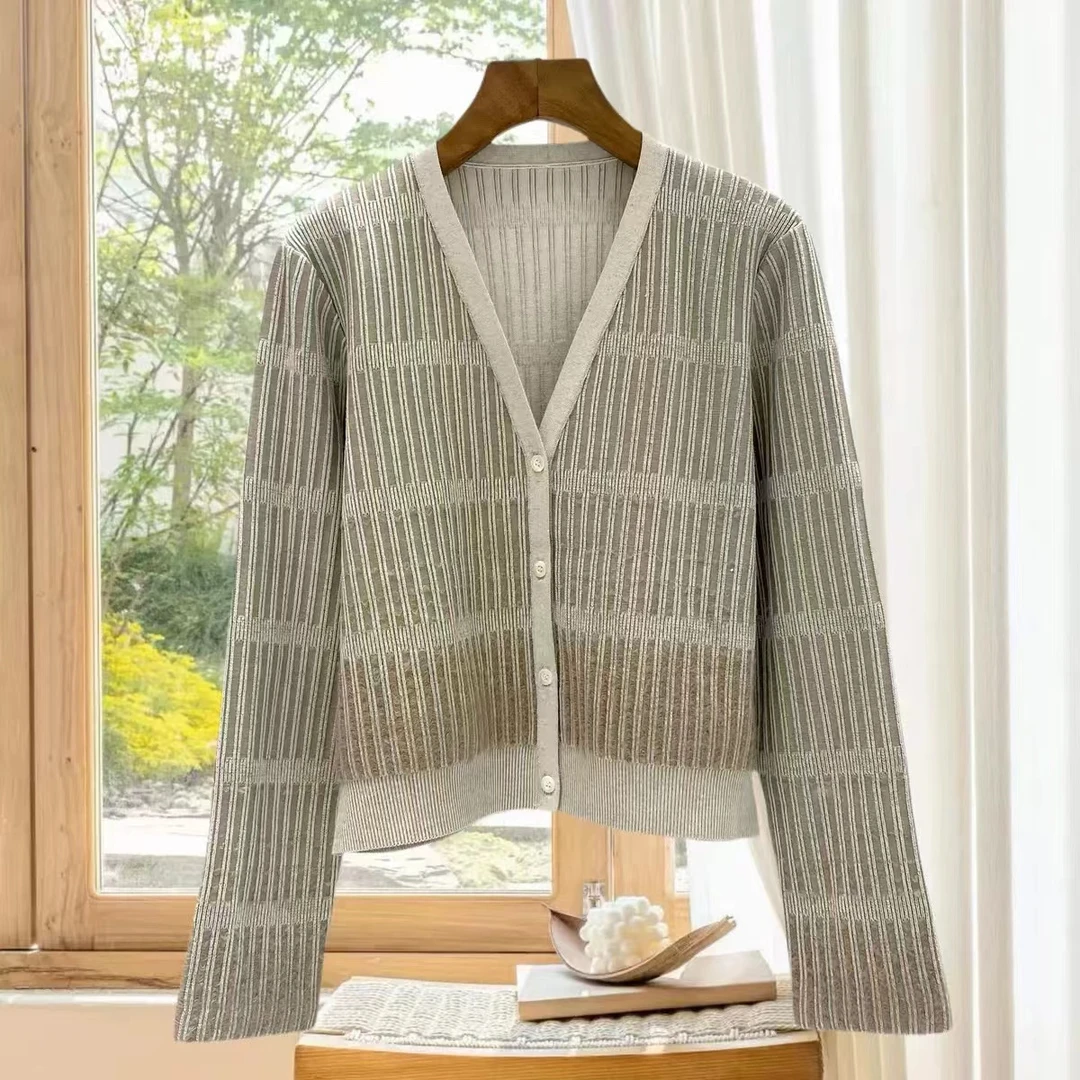 【玛】24秋季新款慵懒风正肩V领针织开衫外搭条纹针织衫4683-244