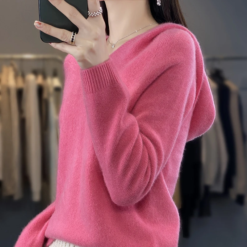 鄂尔多斯市 一线成衣帽衫女V领长袖百搭宽松纯色秋冬套头加厚
