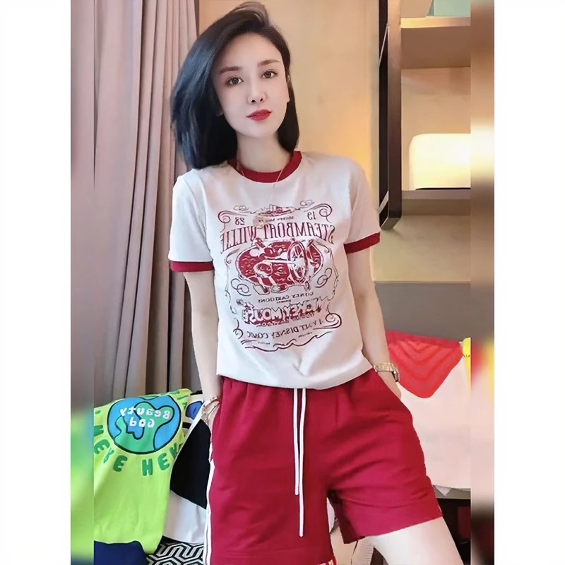 短袖短裤套装女2024夏季新款美式复古撞色圆领宽松跑步运动两件套