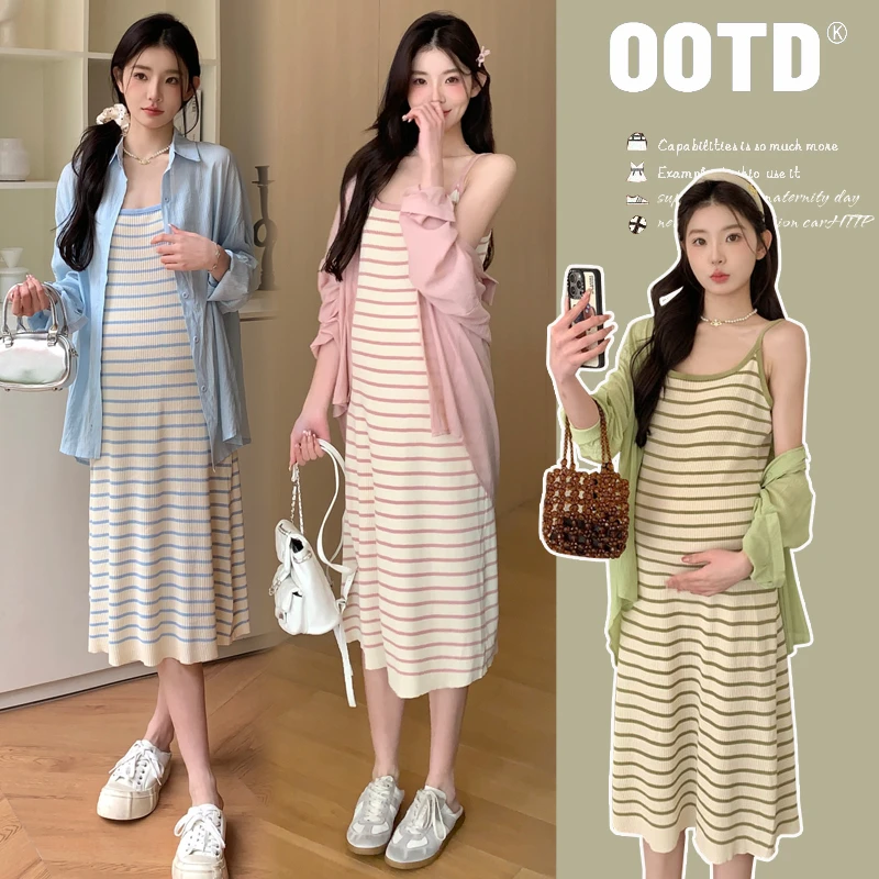 孕妇夏装吊带连衣裙2024新款条纹吊带裙子夏天防晒衫夏款洋气时髦