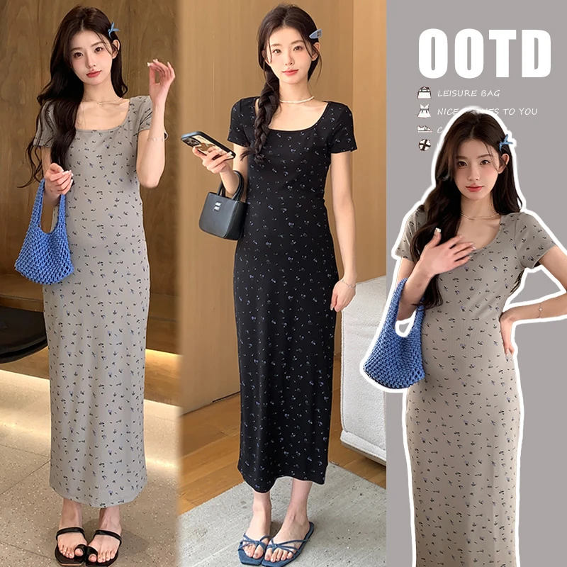 辰宝孕妇装夏装连衣裙2024夏季新款短袖碎花针织裙子修身显瘦长裙