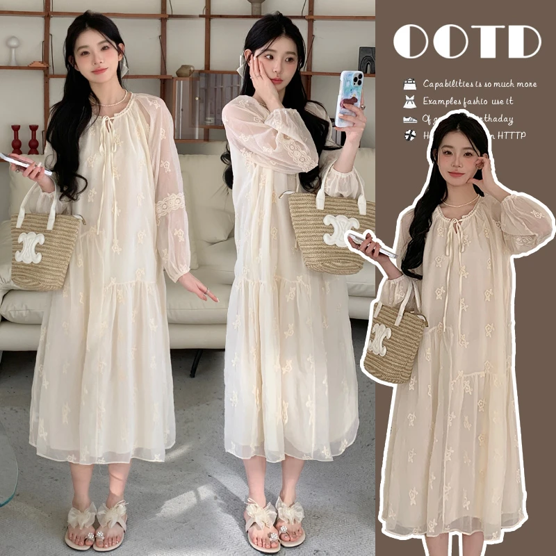辰宝连衣裙孕妇春装韩版时尚宽松蕾丝刺绣重工系带中长款法式长裙