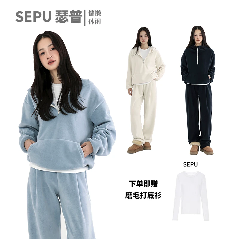 瑟普冬季爆款奥粒绒套装连帽慵懒风休闲套装加绒加厚视频售后