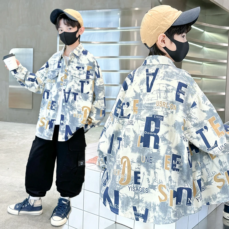 男童秋装外套2024新款春秋季中大童满印大字母扎染衬衫洋气炸街潮