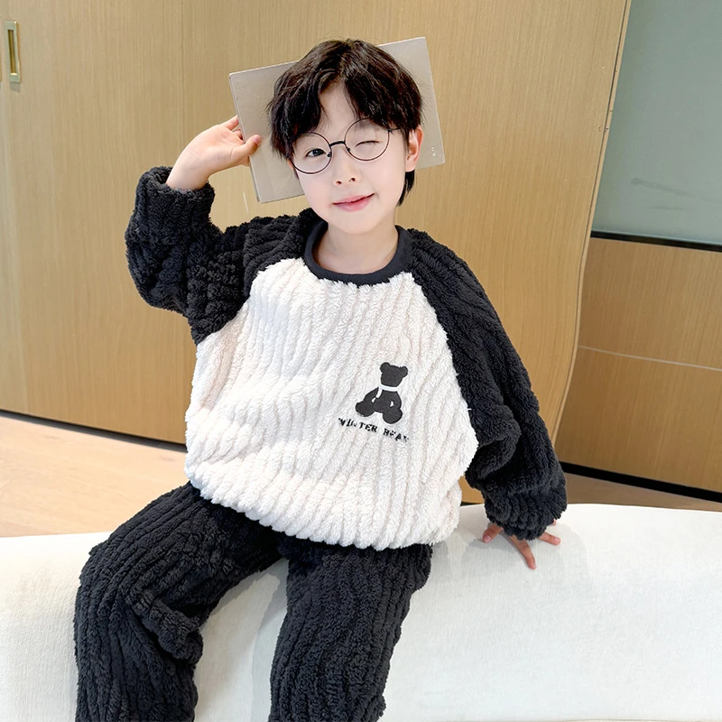 儿童装男童睡衣秋冬款2025新款男孩大童冬季珊瑚绒家居服套装加厚