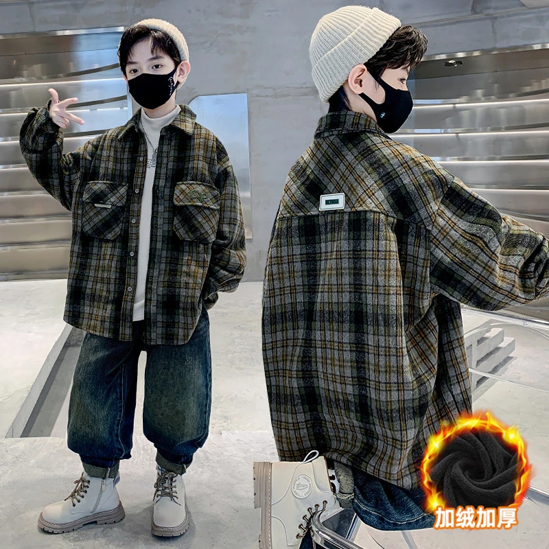 儿童装男童格子加绒外套2024冬季男孩长袖格子一体绒衬衫中大童韩