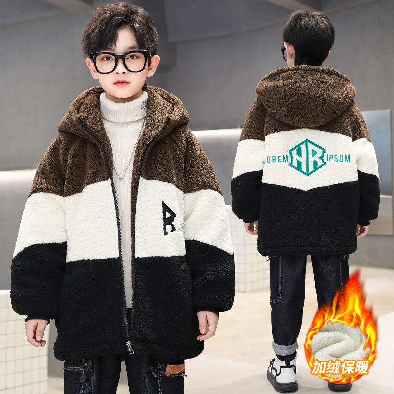 男童冬装加绒厚外套2024新款中大童绣花拼接男孩保暖毛毛衣厚服装