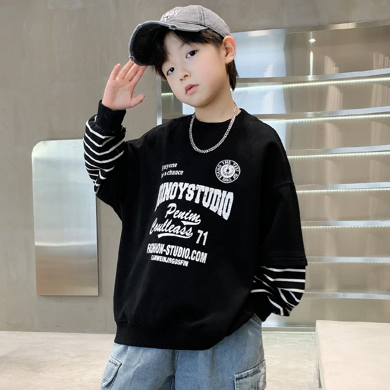 儿童装男童卫衣2025新款秋季男孩假两件袖条纹上衣中大童长袖潮