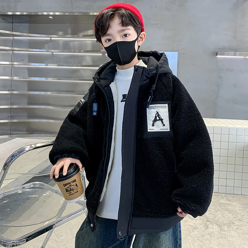 男童冬季连帽加厚外套2024男童休闲中大童A字标夹棉加厚毛毛套潮
