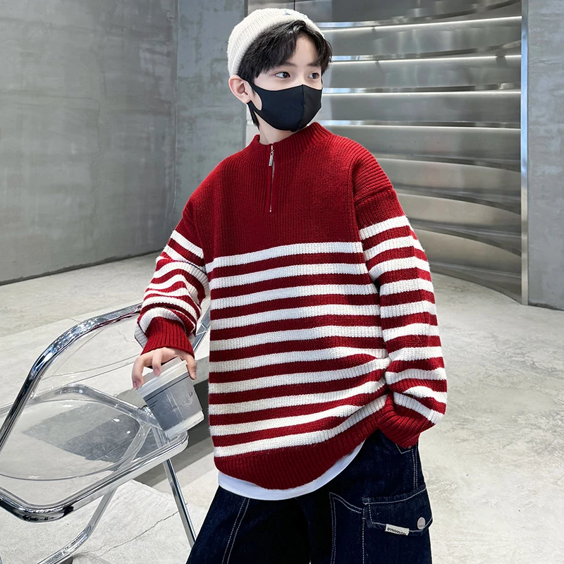 儿童毛衣男童2024冬季潮酷时尚条纹加厚半拉链套头毛衣洋气休闲