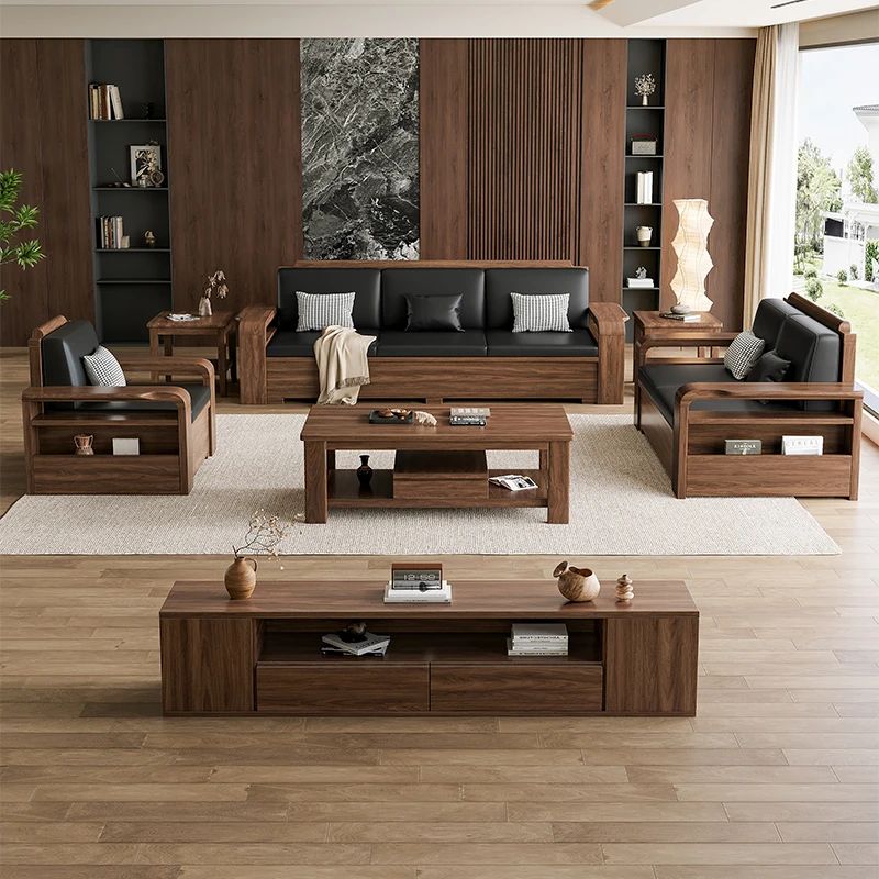 黑胡桃实木沙发组合冬夏两用储物贵妃沙发别墅家用大户型客厅家具