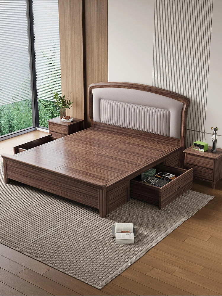 成套中式全实木真皮软靠实木床双人床简约现代高箱储物抽屉大床