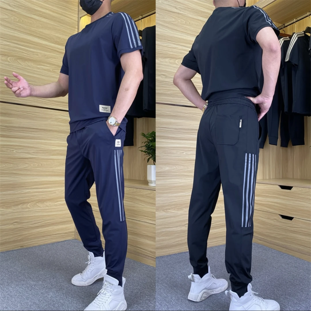 夏季爆款男冰丝休闲气质显瘦拼条透气薄款弹力半截袖长裤成熟套装