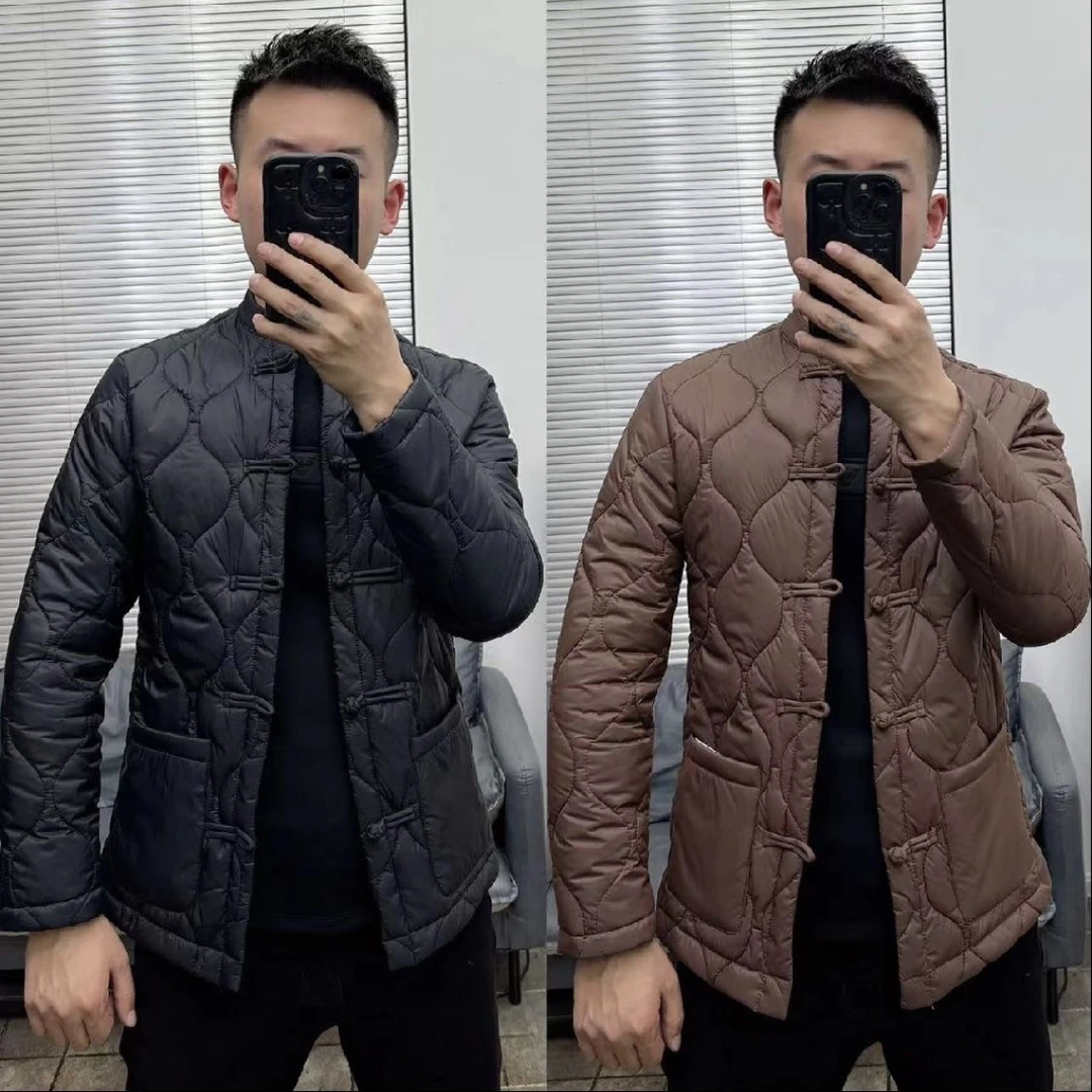 2023秋冬季新品男士扎线格薄棉唐装外套高级感时尚休闲百搭潮流帅