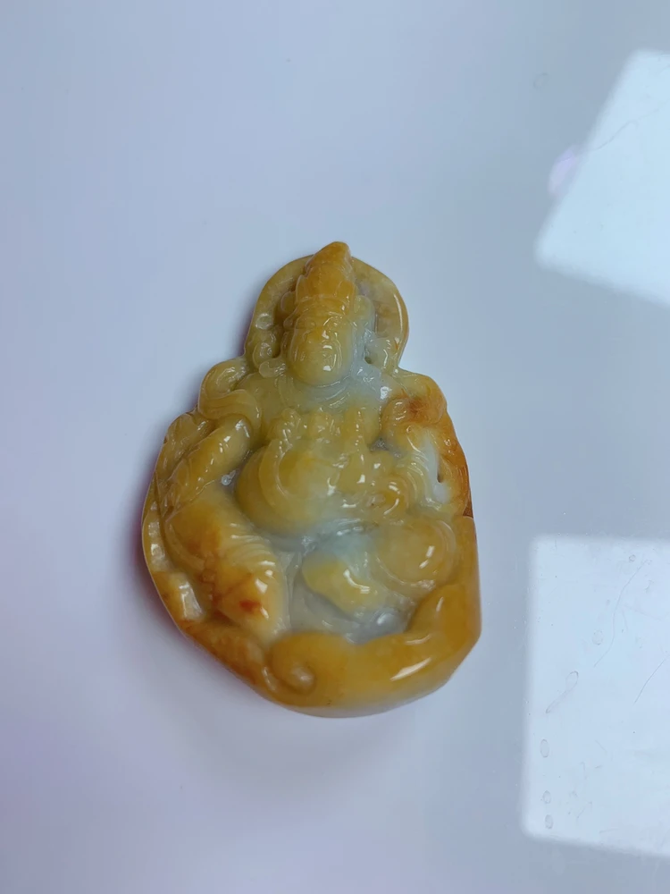 天然翡翠A货双彩黄财爷吊坠一件