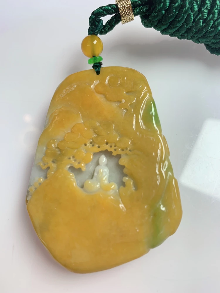 天然翡翠A货无滤镜实拍黄加绿悟道人物吊坠一件