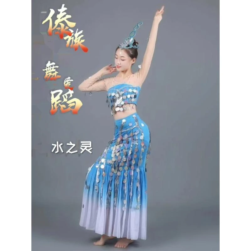 傣族水之灵舞蹈演出服孔雀舞蹈表演服亮片鱼尾裙