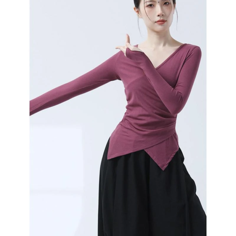 秋冬V领交叉舞蹈服学生长袖套指练功服上衣中国舞形体艺考训练服