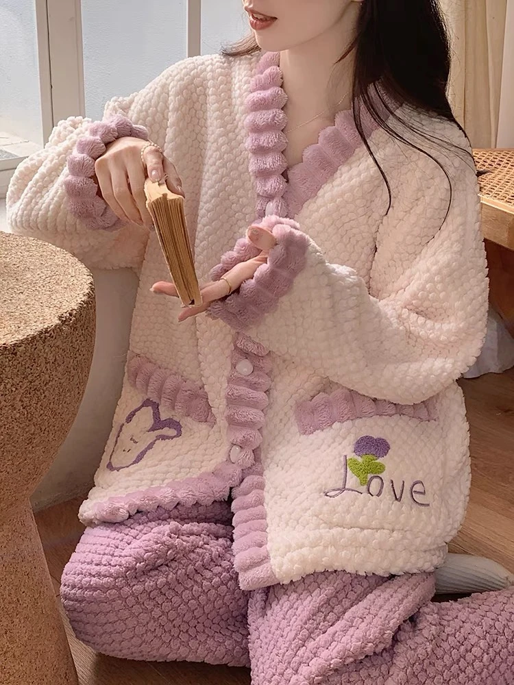 YY秋冬季珊瑚绒新款睡衣女士甜美保暖宽松家居服开衫套装可外穿T