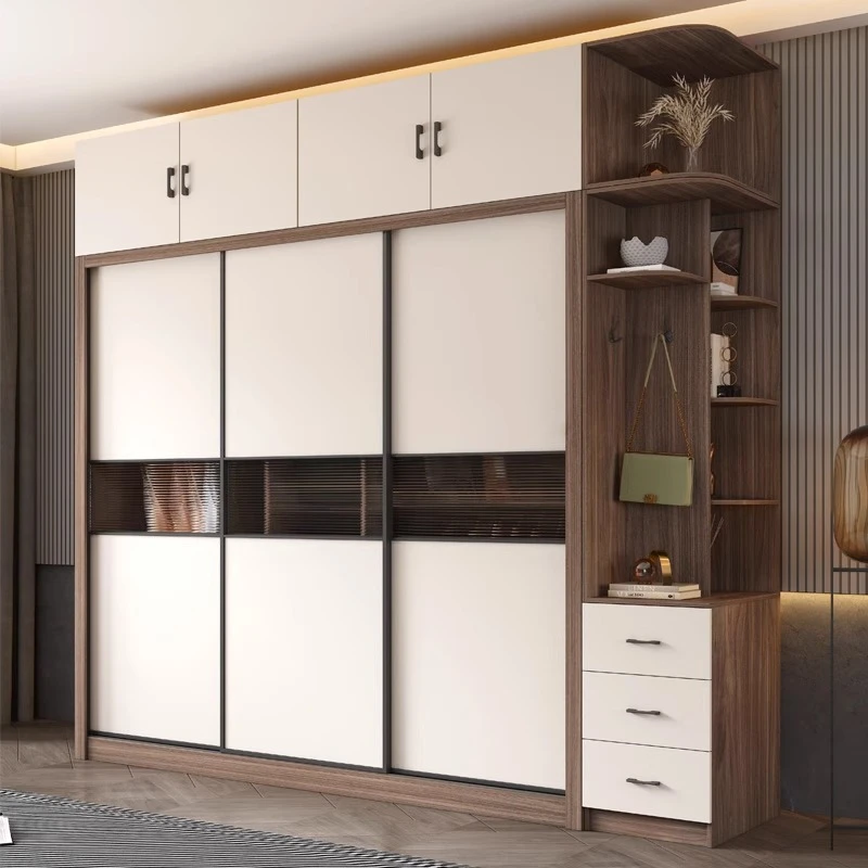 北欧推拉门衣柜现代简约家用卧室柜子移门胡桃木色经济型大衣橱