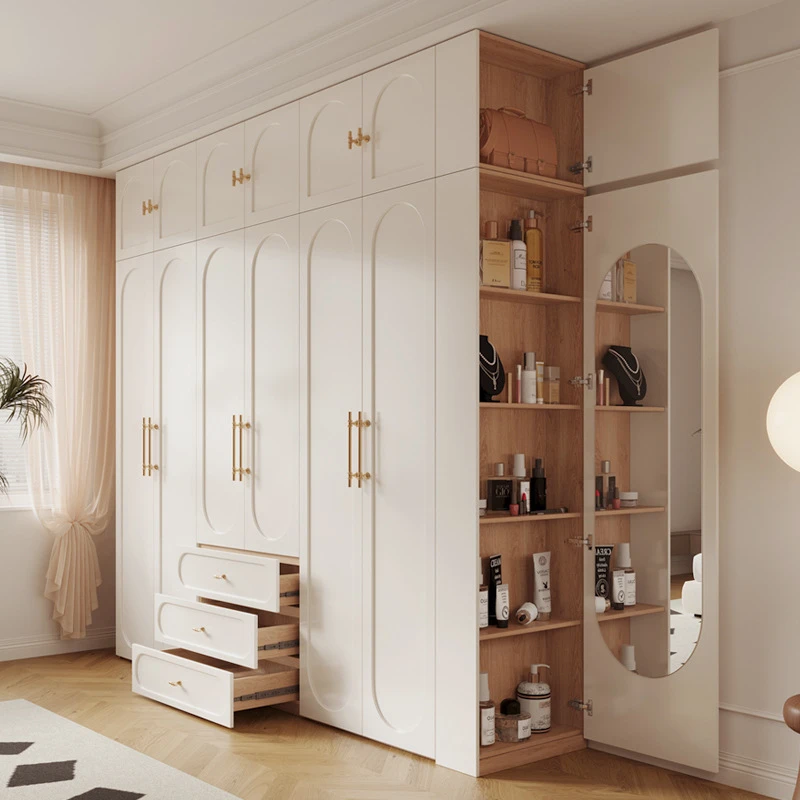 法式奶油风家用卧室实木质带侧边柜小户型现代简约成品大衣橱