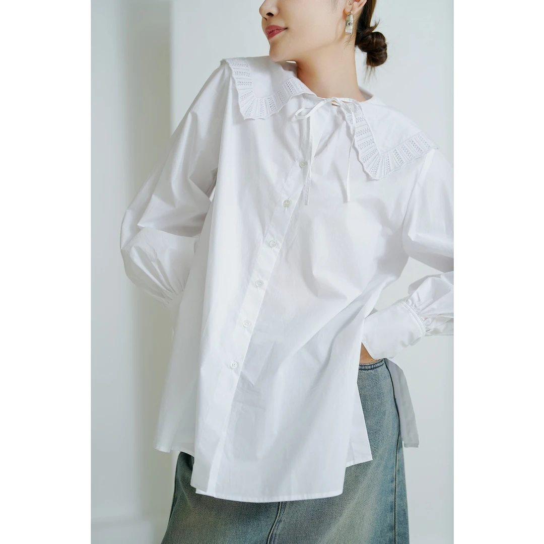 「VANCYL」复古娃娃领宽松衬衣上衣 纯色花边减龄衬衫春秋