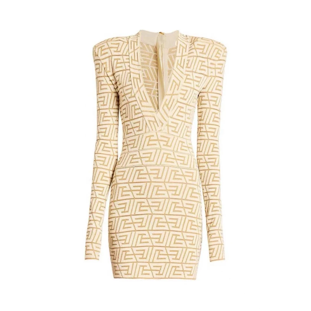 想想专属2025新款高端轻奢V领包臀裙长袖针织白色修身秋冬连衣裙