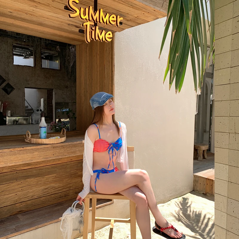 FiveHappyiness沙滩撞色泳衣美式复古度假温泉潜水冲浪显瘦比基尼