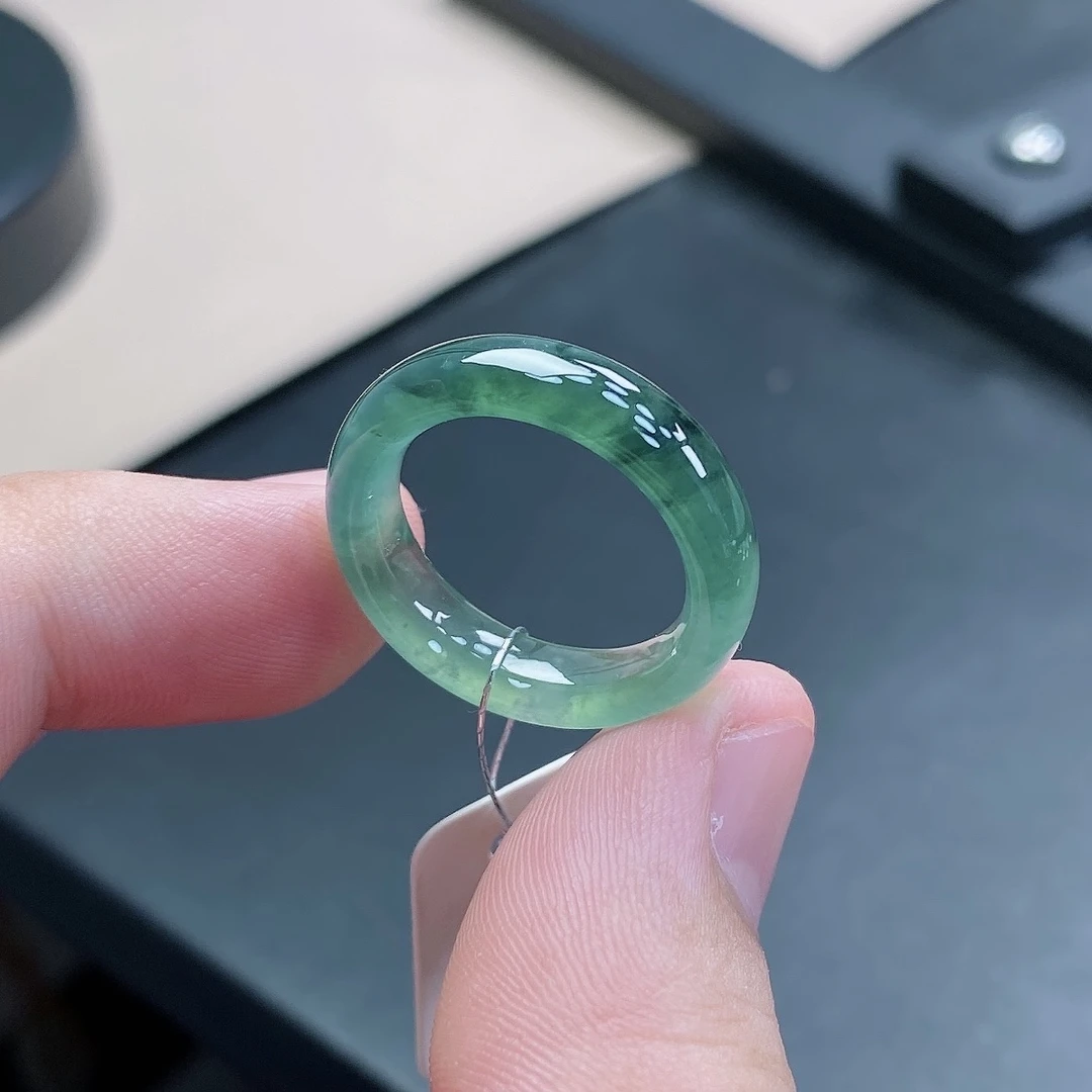 天然缅甸A货翡翠 水润冰种蓝水飘花正装戒指18圈18.5-5.9-3.7
