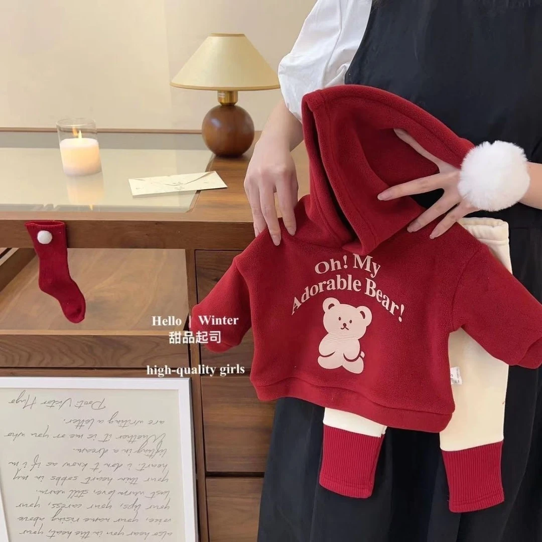 冬款两件套韩版婴儿双面绒新年连帽卫衣男女宝宝加绒裤套装卡通BF
