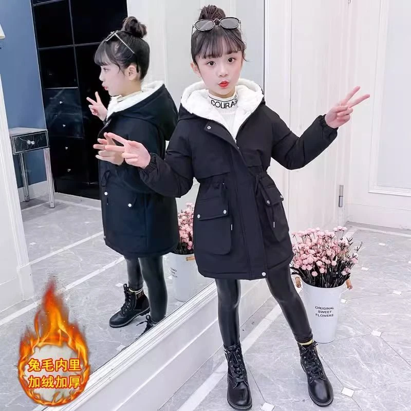 女童加绒加厚派克服2023冬装新款中大童洋气棉服女童中长款棉服AC