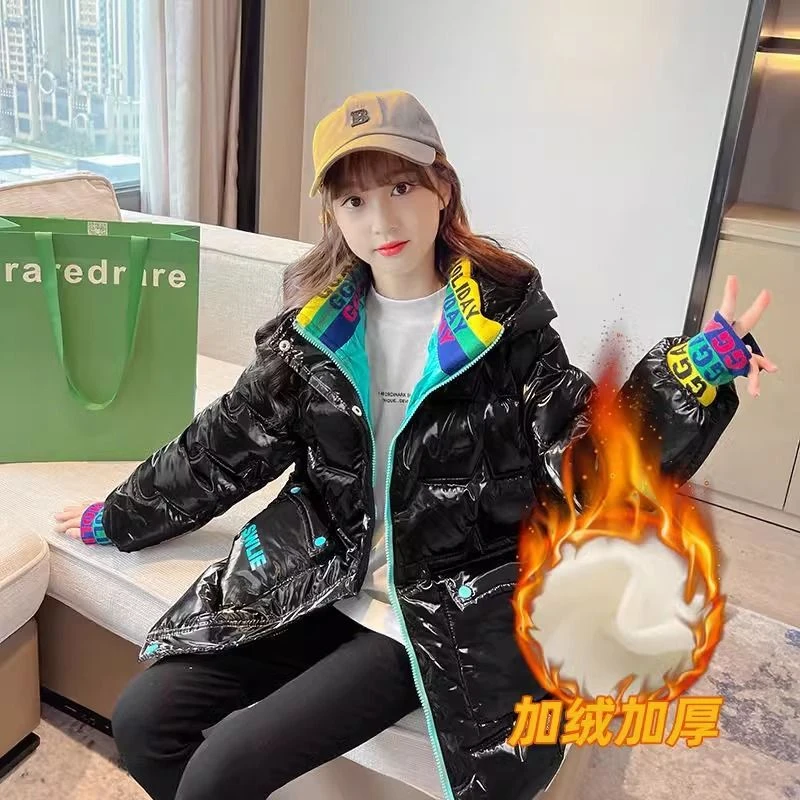 女童棉绒棉服2023新款中长款儿童棉衣中大童冬装加绒加厚免洗外AC
