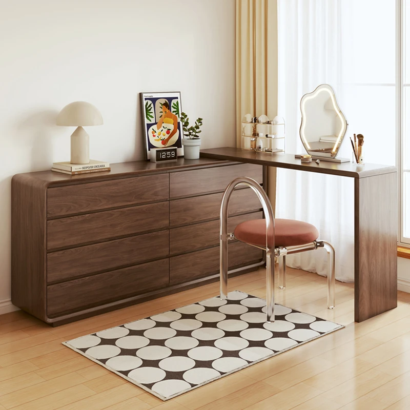 梳妆台斗柜一体卧室意式极简北欧胡桃木色化妆桌可伸缩书桌收纳柜