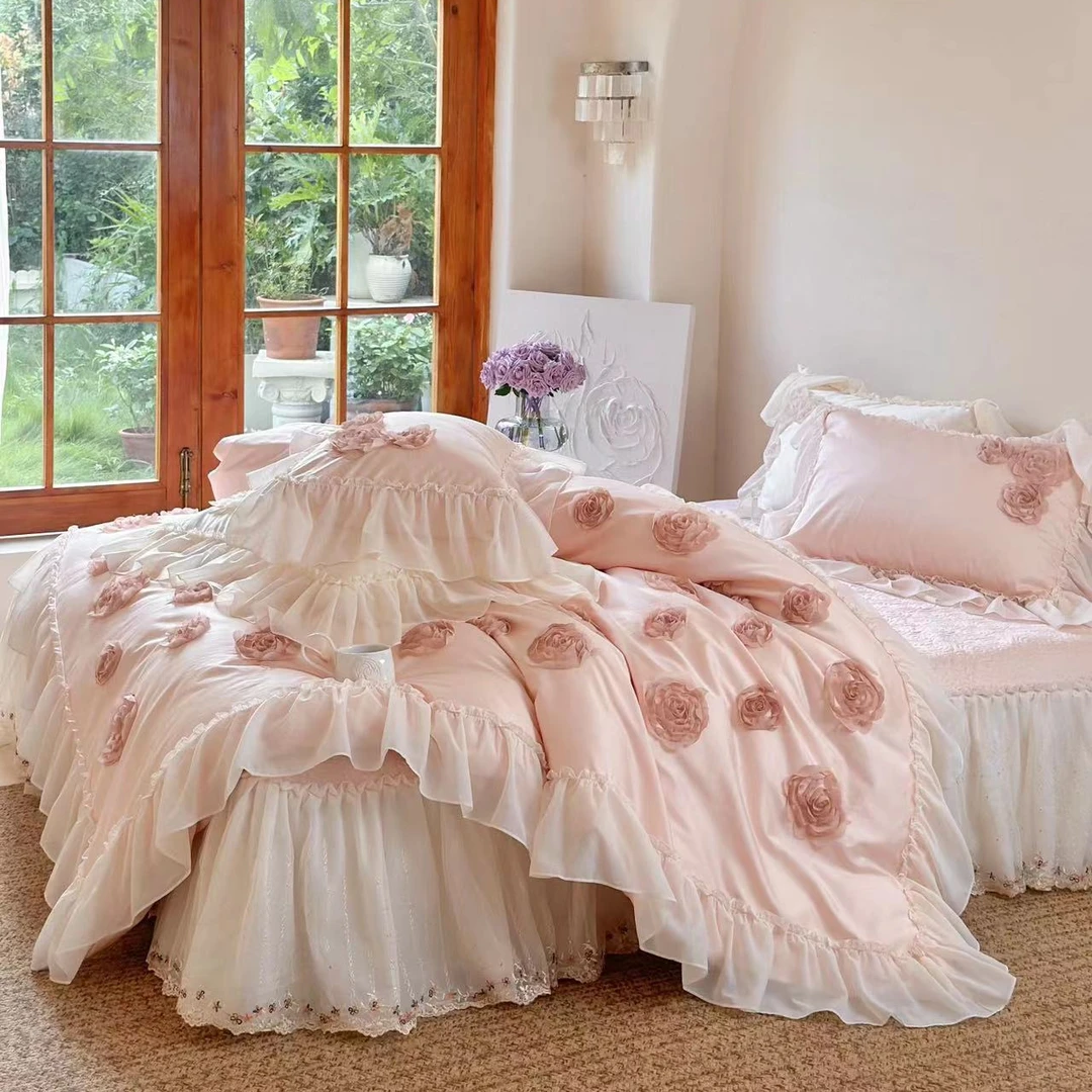 粉色恋人-轻奢法式花边全棉床裙四件套贡缎长绒棉四件套简约民宿