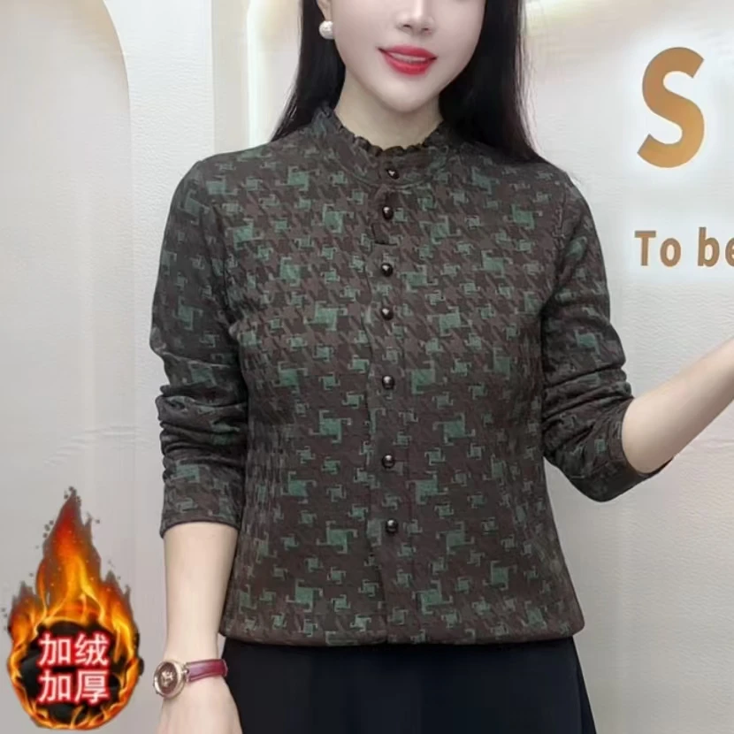 新款时尚洋气百搭秋冬提花立领长袖套头减龄显瘦女士上衣