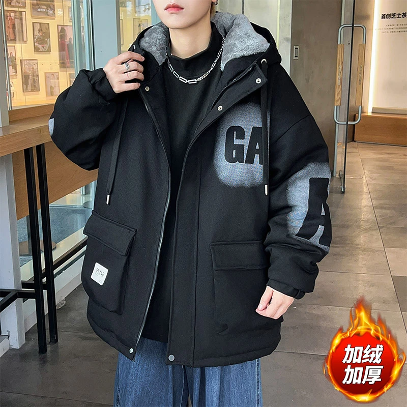 冬季青少年中学生男孩加绒加厚保暖水洗棉派克服夹克牛仔外套棉衣