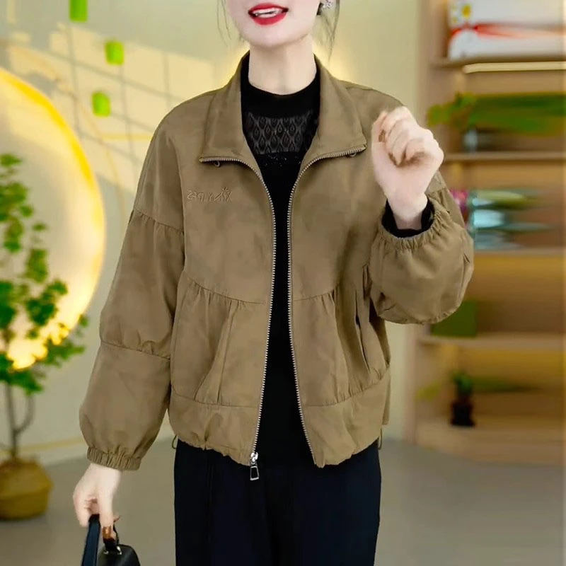 工装短外套2025春季新款宽松显瘦设计感褶皱立领小个子夹克开衫女