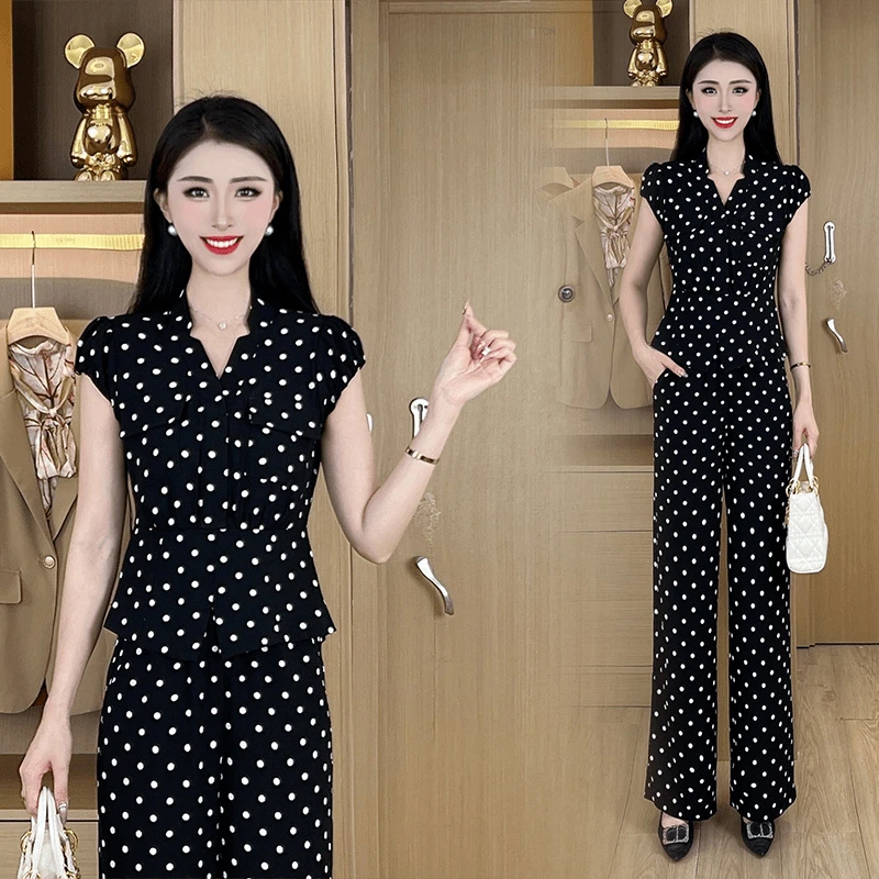 今年流行波点套装女士2025夏季新款气质轻奢短袖上衣阔腿裤两件套