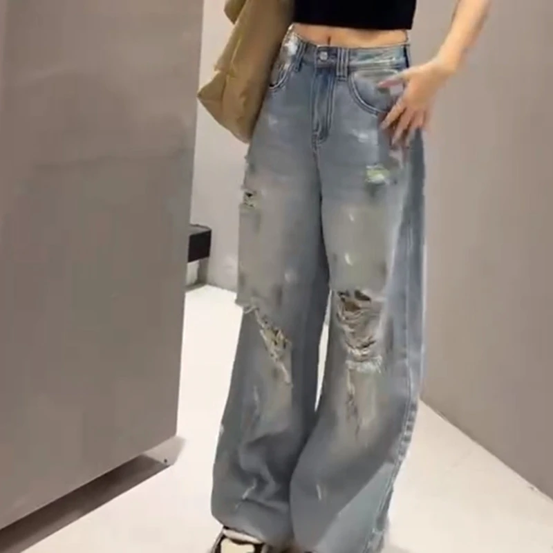 时尚潮流牛仔裤女夏季薄款2025夏季新款设计感破洞宽松显瘦拖地裤