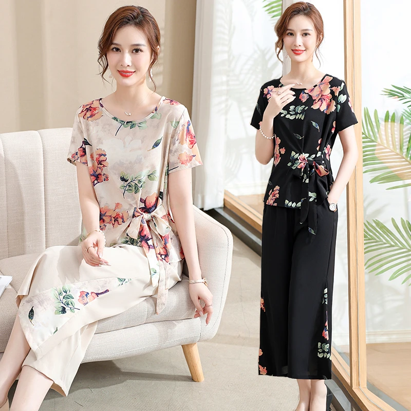 2023妈妈新款夏装雪纺小衫套装中老年女装洋气夏季时尚减龄两件套