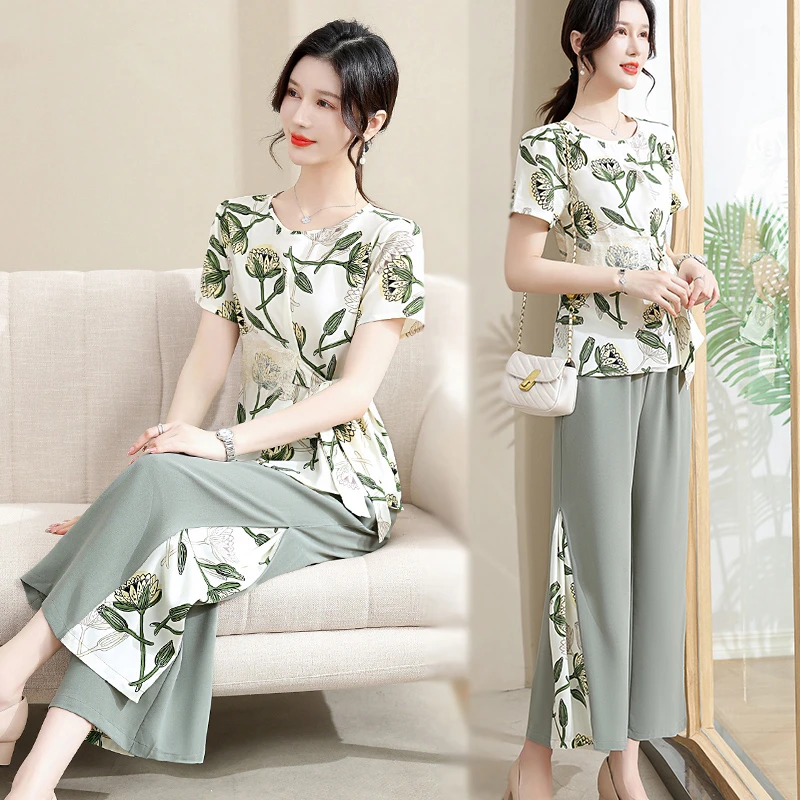 2023夏装新款套装中年女洋气减龄短袖T恤上衣中老年时尚休闲套装