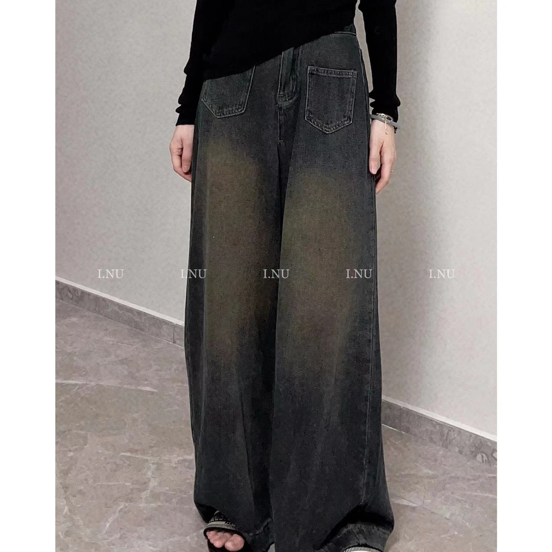 I.NU 中古蓝 口袋牛仔阔腿裤高腰显瘦
