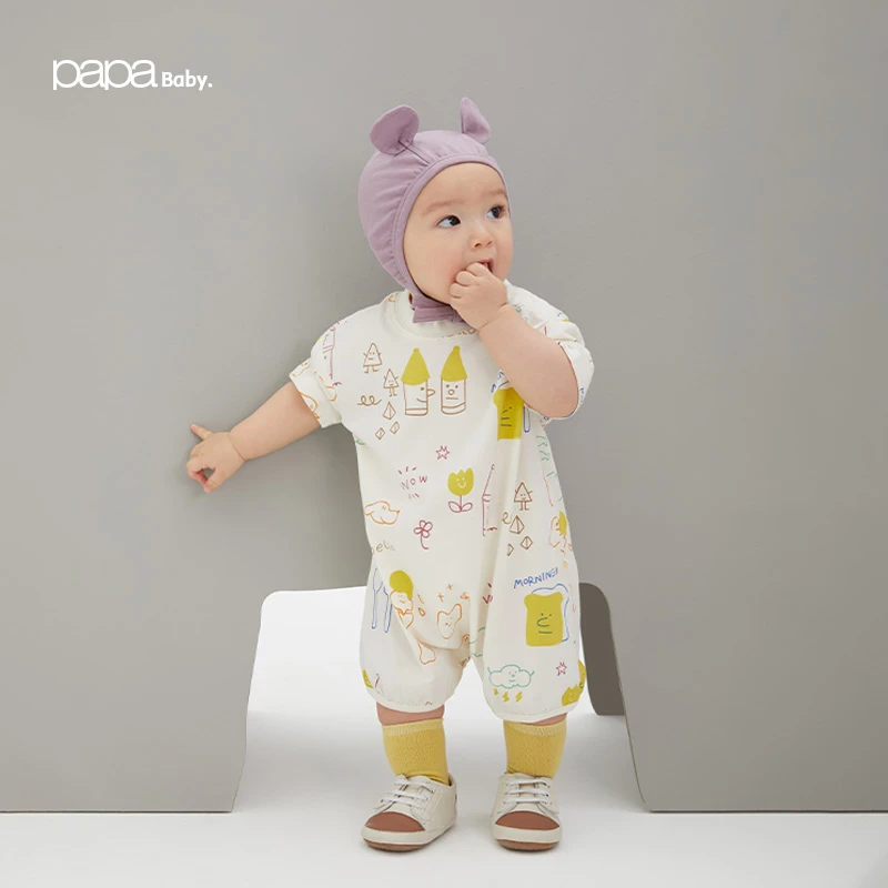 papa爬爬春新款男女宝宝婴幼儿野餐爬服纯棉婴童长袖春秋薄款连体