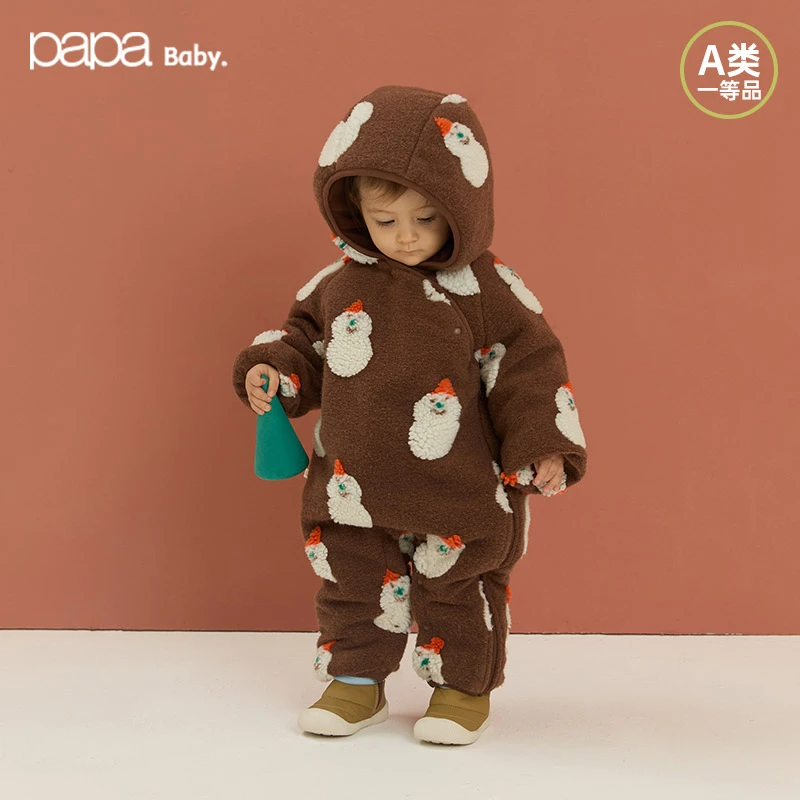 papa爬爬冬季宝宝连体衣宝提花夹棉连帽爬服保暖