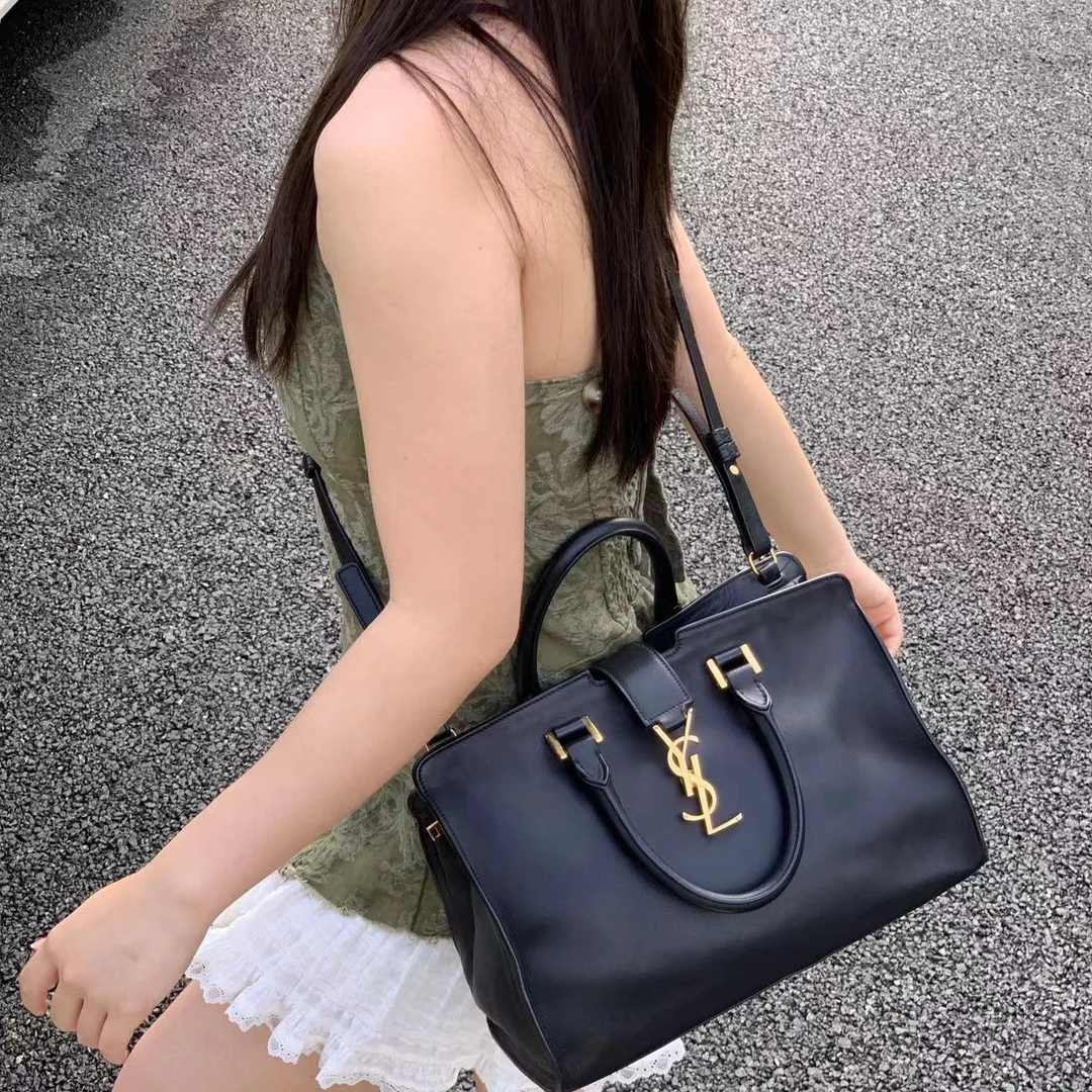 95新 YSL/圣罗兰 一口价黑金托特优雅手提斜挎包