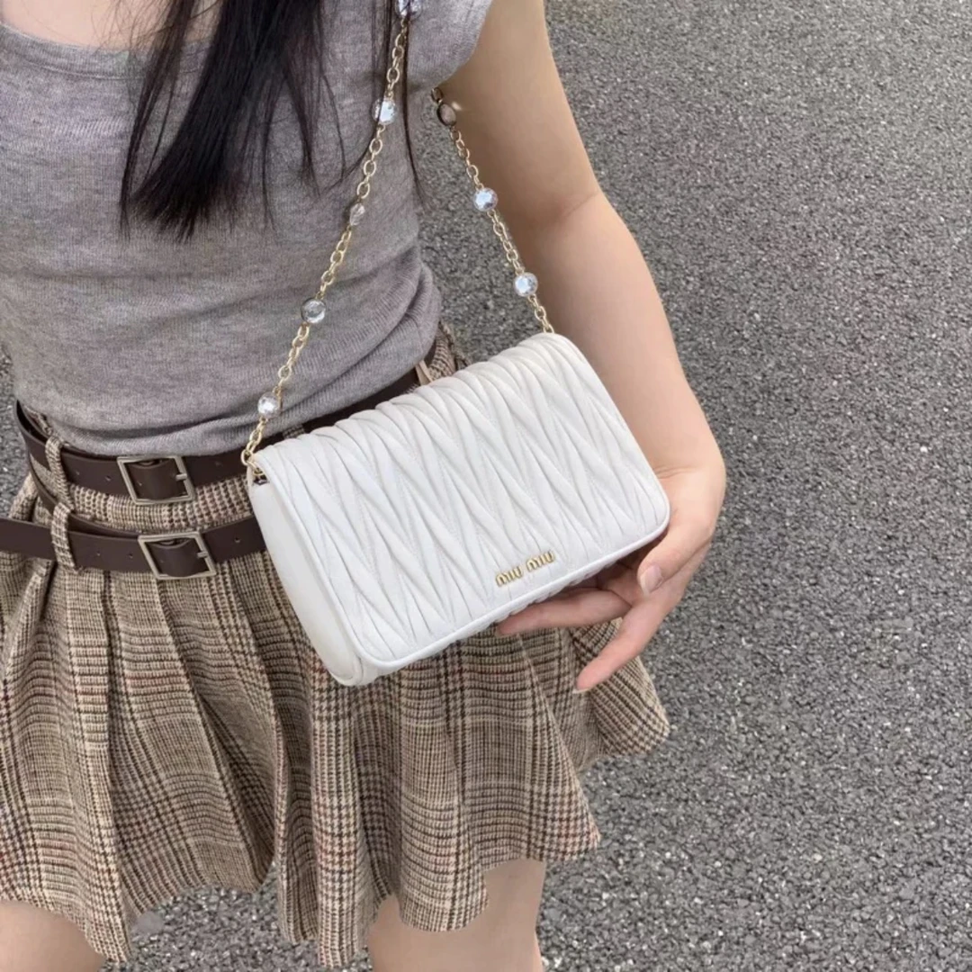 95新 MIU MIU/缪缪 白金褶皱方胖子单肩斜挎包