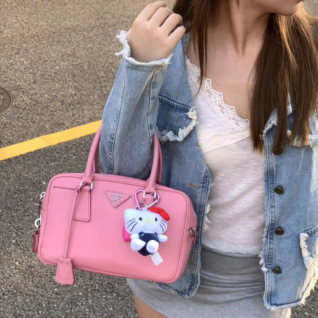 95新 Prada/普拉达 plume樱花粉仙女时尚手提包D1256下滑看成色图