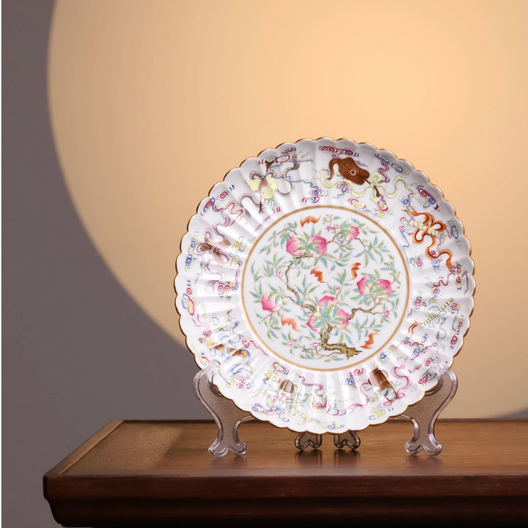 景德镇盛古珍玩 手绘粉彩珐琅彩 胭脂红八宝寿桃菊瓣盘