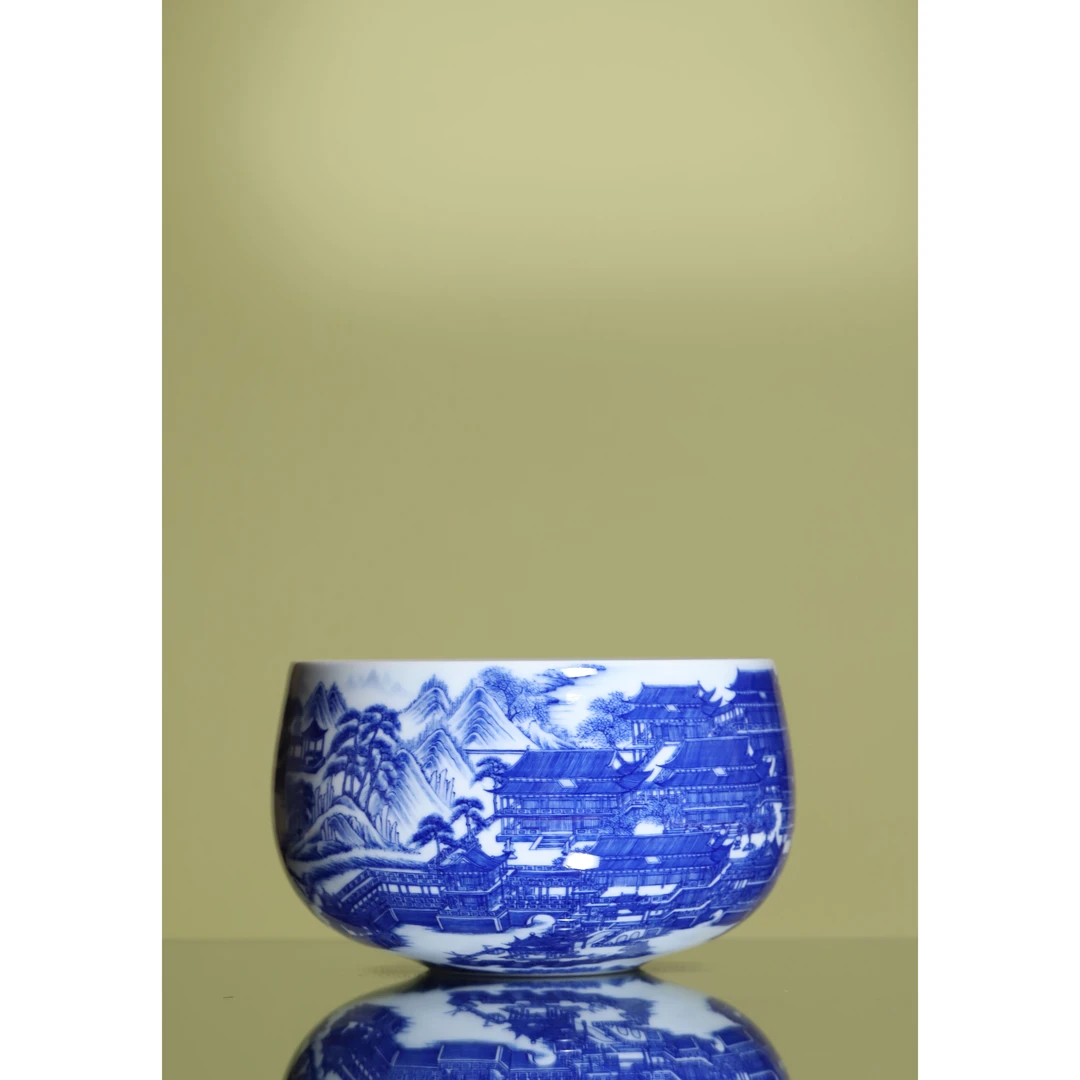 景德镇觉山隐窑 手绘青花瓷器 方壶胜境钵